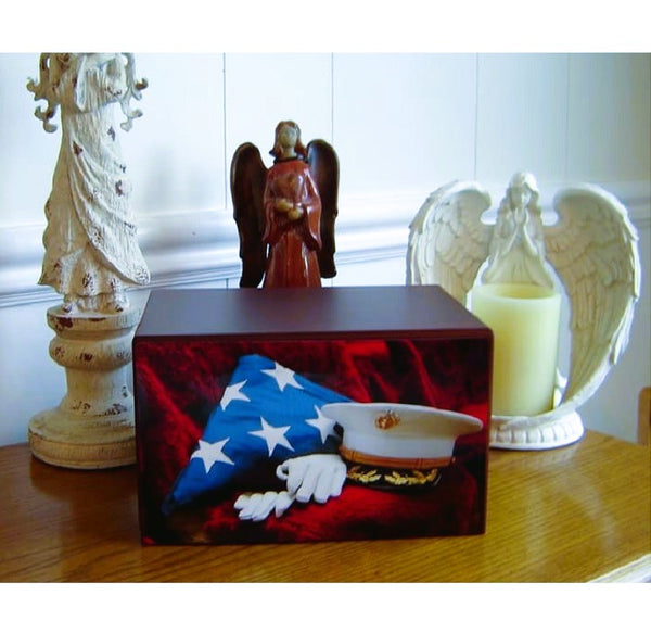 Marines wooden urn with image of hat, flag and gloves.