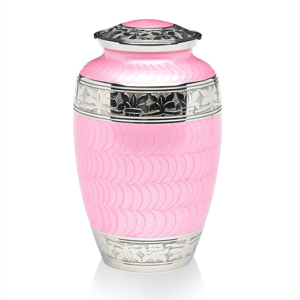 Bella Pink Cremation Urn for human Ashes with three carved silver bands 