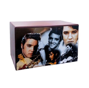 Elvis Tribute Cremation Urn for Ashes with Collage pictures.