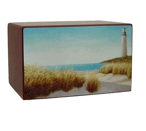 Lighthouse on Beach Scene with Wood Finish Urn for Ashes