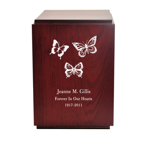 Engraved Butterflies Wooden Urn for Ashes - Quality Urns & Statues For Less