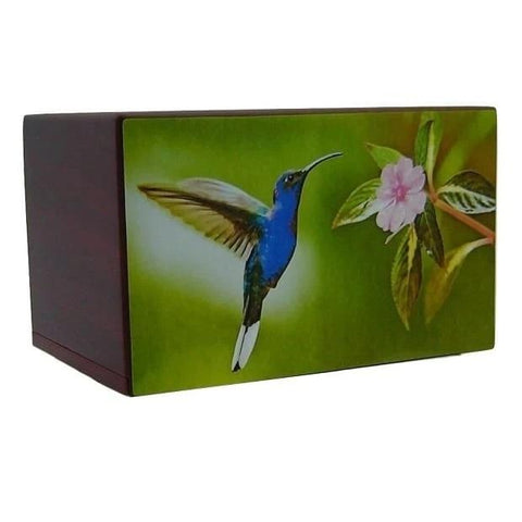 Blue Beauty Hummingbird Wooden Urn for Ashes - Quality Urns & Statues For Less