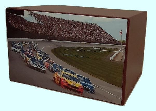 Race Car Racetrack Urn on Blue Wood - Quality Urns & Statues For Less