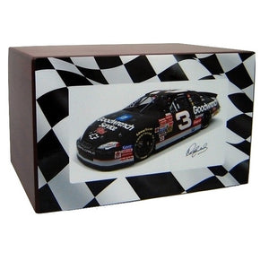#3 Dale Ernhardt Racecar Urn for Ashes with Checkered Flag  Background
