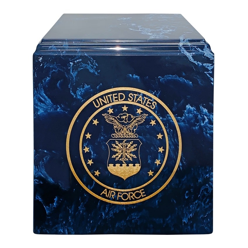 Gold Air Force emblem on blue Marble Burial Urn for Ashes