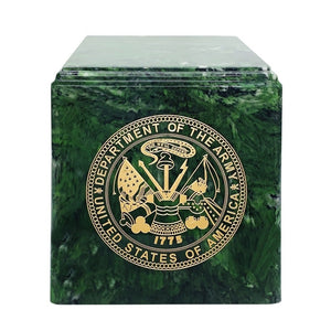Army cremation urn in green marble burial urn.