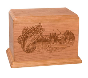 Bass fisherman cremation urn for ashes cherry wood.