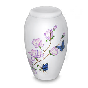 Delicate Blue Butterflies on lavender flowers all on white urn.