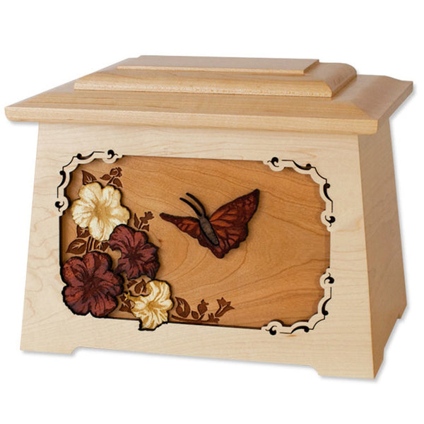 Carved Butterfly Urn for Cremated Ashes solid maple with carved flowers.
