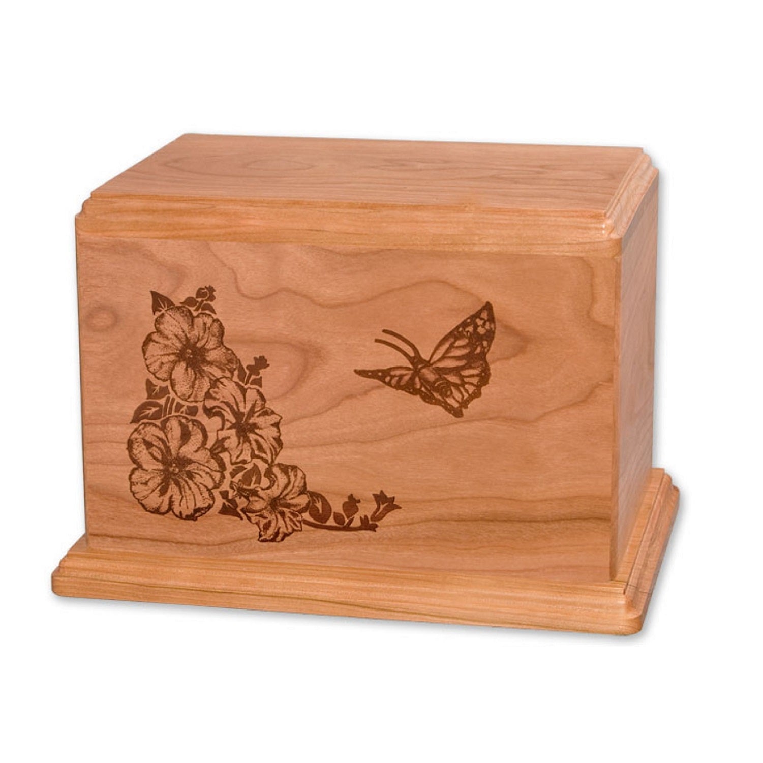 Laser Etched Butterfly Cremation Urn for Ashes in Solid Cherry wood