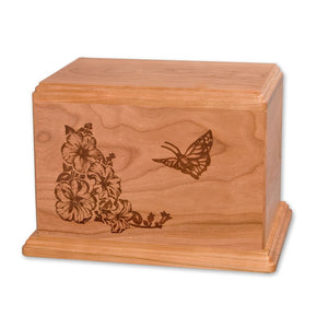 Laser Etched Butterfly Cremation Urn for Ashes in Solid Cherry wood