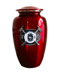 Red Firefighter Cremation Urn with 3 dimensional maltese cross and axes fire department