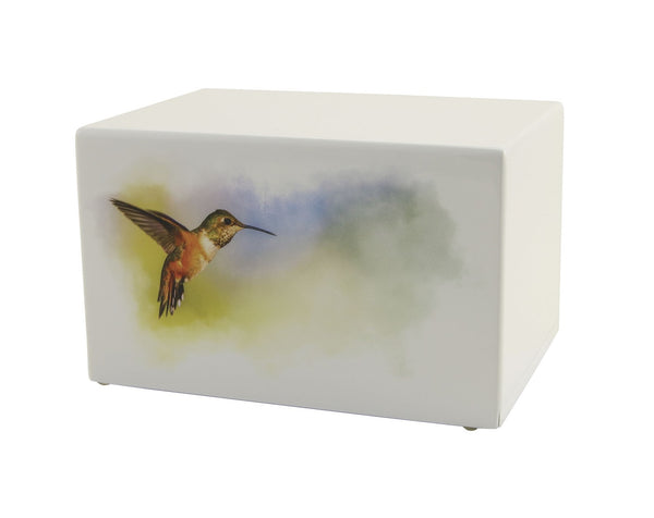Hummingbird Cremation  Urn for Ashes on White Wood.