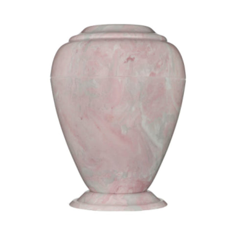 Pink Marble Burial Urn in light pink with base.