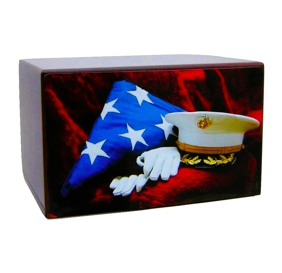 Marine Corps Urn with Hat, gloves and American Flag