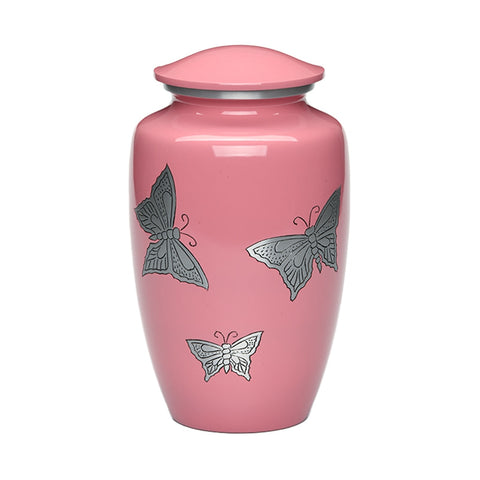 Pink Cremation Urn for Ashes with etched Butterflies