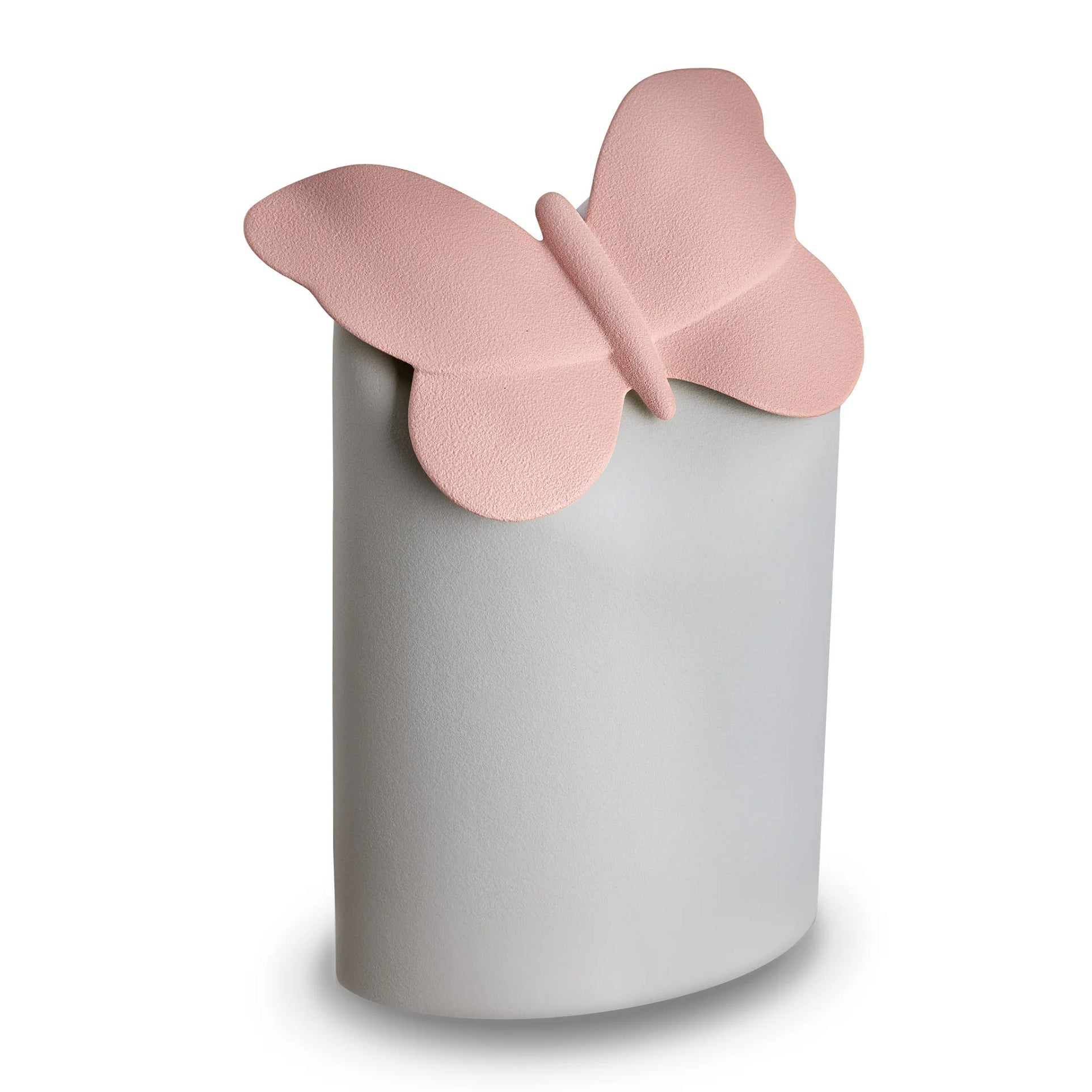 Pink butterfly atop white porcelain vessel urn