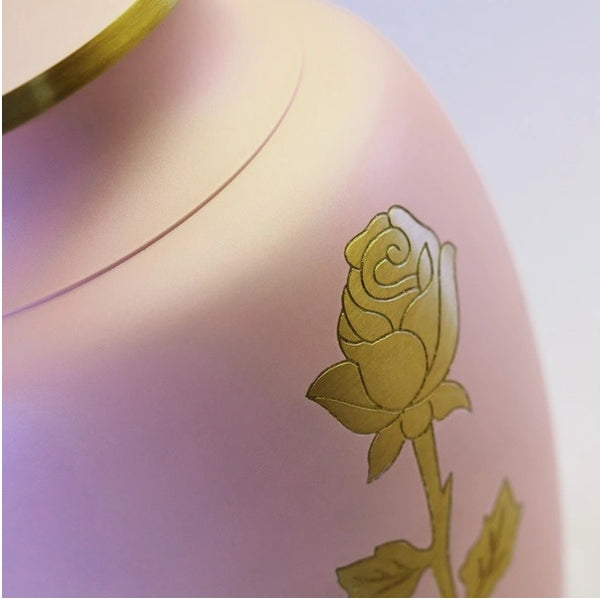 Closeup image Pink Cremation Urn with Rose