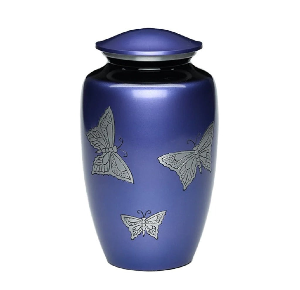 Purple Urn for Ashes with Etched Butterflies