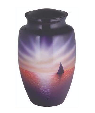 Aluminum hand painted urn with purple skies and sailboat