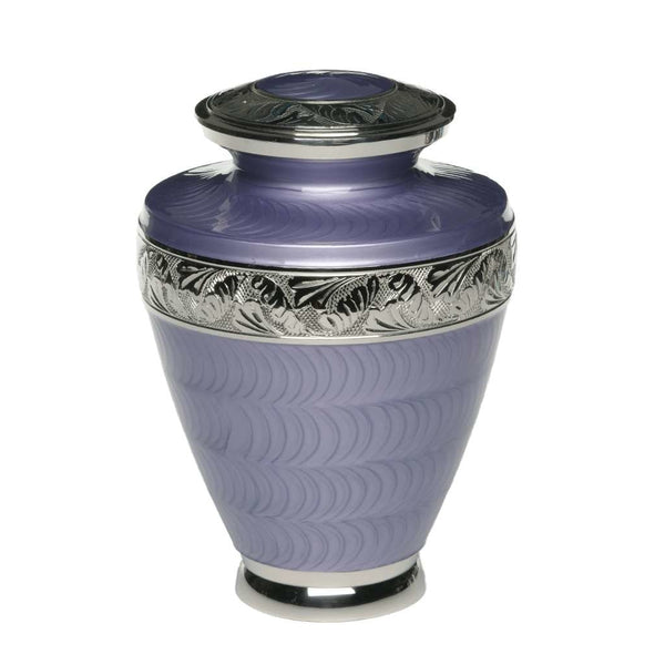 Purple Urn For Cremation Ashes with etched leaf bands on top and middle.
