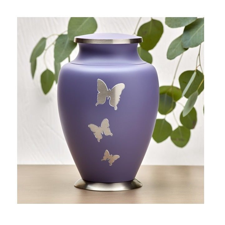 Purple Cremation Urn with Silver Butterflies engravable