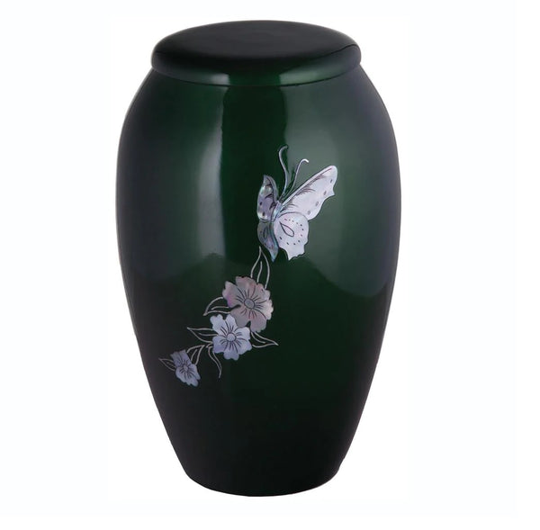Adult Butterflies urn Green with Pearl Inlay Butterflies and flowers.