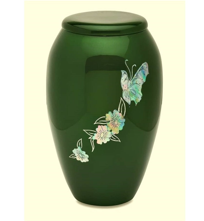 Green Metal Butterfly Urn for Ashes with Mother of Pearl Inlay