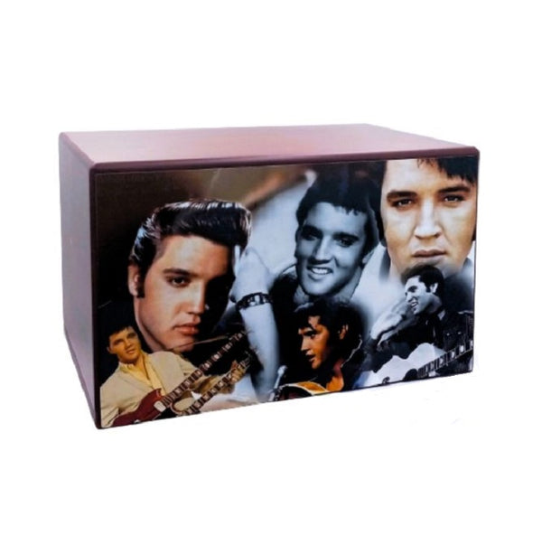 Elvis Tribute Cremation Urn for Ashes with Collage pictures.