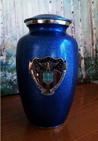 Blue Air Force Cremation Urn for Ashes with Metal Air Force Medallion