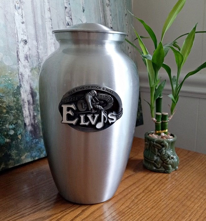 Elvis Metal Funeral Urn for Ashes with 3D medallion-Quality Urns and Statues for Less
