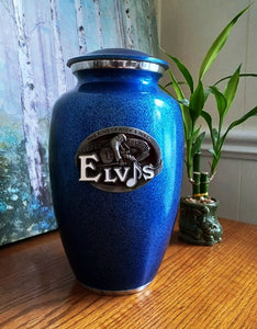 Elvis Presley Blue Cremation Urn with metal 3D medallion