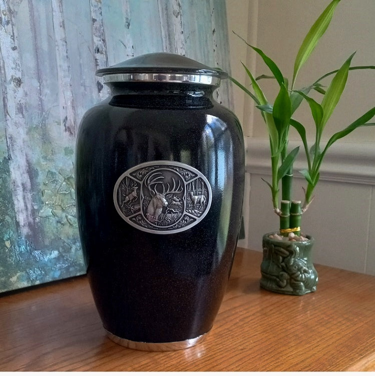 Hunting Urn for Ashes Black with Oval Metal Buck Medallion