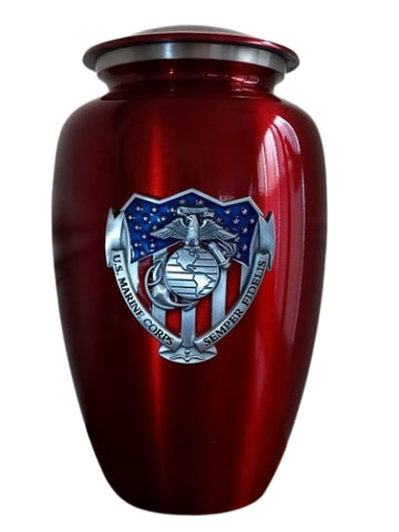 Red Marine Corps Urn for Ashes with Metal Medallion