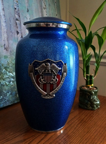 Navy Cremation Urn for Ashes blue with navy emblem