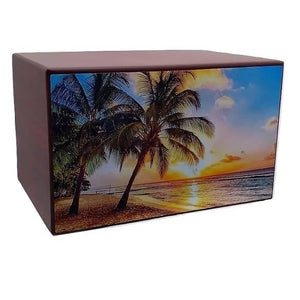Paradise Beach Urn Palm Trees Adult Size Cherry Wood - Quality Urns & Statues For Less