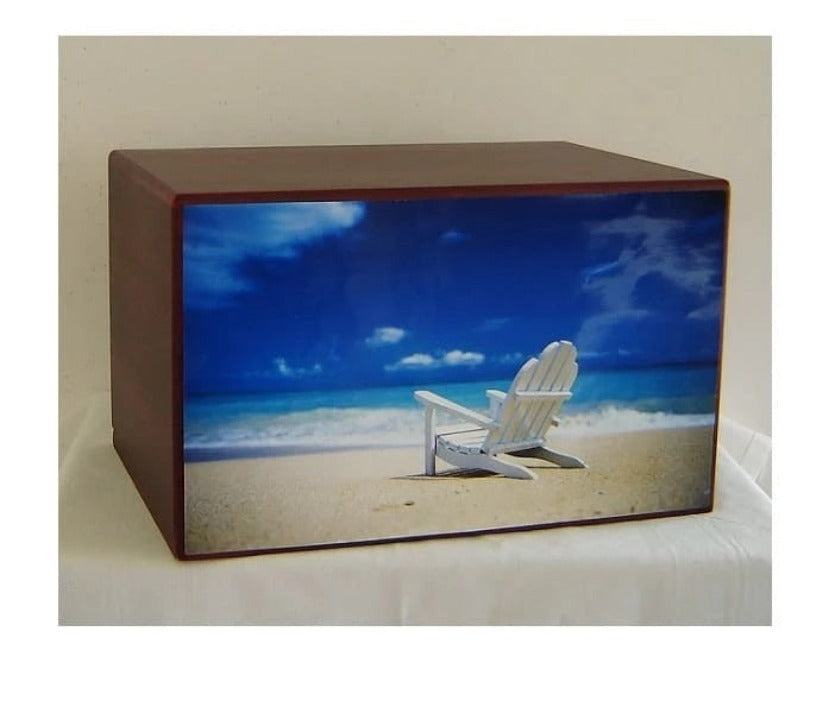 Beach Chair Urn for Ashes in Cherry Wood Finish - Quality Urns & Statues For Less
