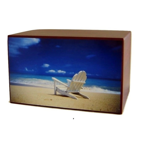 White Beach Chair with Blue Skies Urn for Ashes in Cherry Wood Finish 