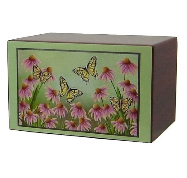 Butterflies with Purple flowers Urn on cherry finish wood