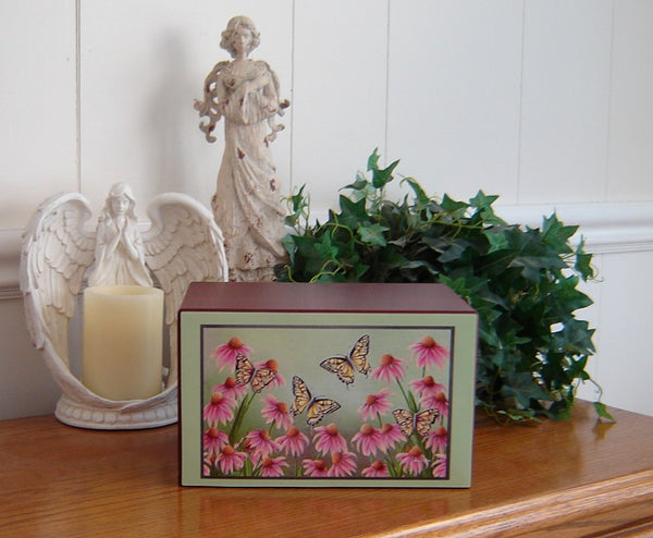 Butterflies with Purple flowers on green background Urn 