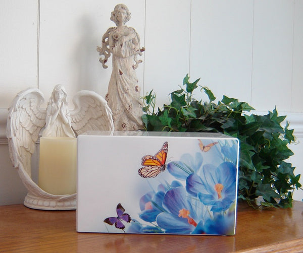 Butterflies Delight on White Urn for Ashes - Quality Urns & Statues For Less