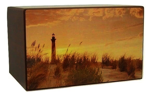 Golden Skies Lighthouse Urn for Ashes Cherry Finish Wood