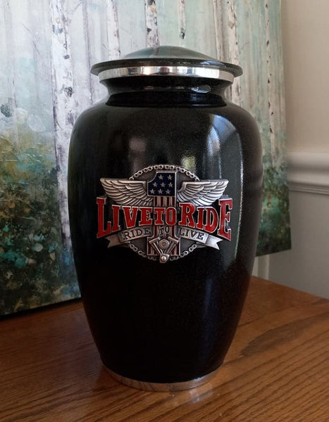 Black Motorcycle Funeral Cremation Urn for Ashes with metal Live to Ride Medallion