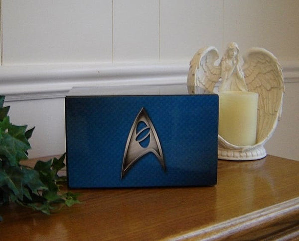 Star Trek Urn for Ashes with Delta Insignia on Blue Background - Quality Urns & Statues For Less